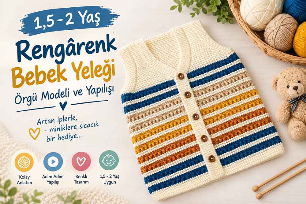 1,5-2 Yaş Rengârenk Bebek Yeleği Örgü Modeli ve Yapılışı